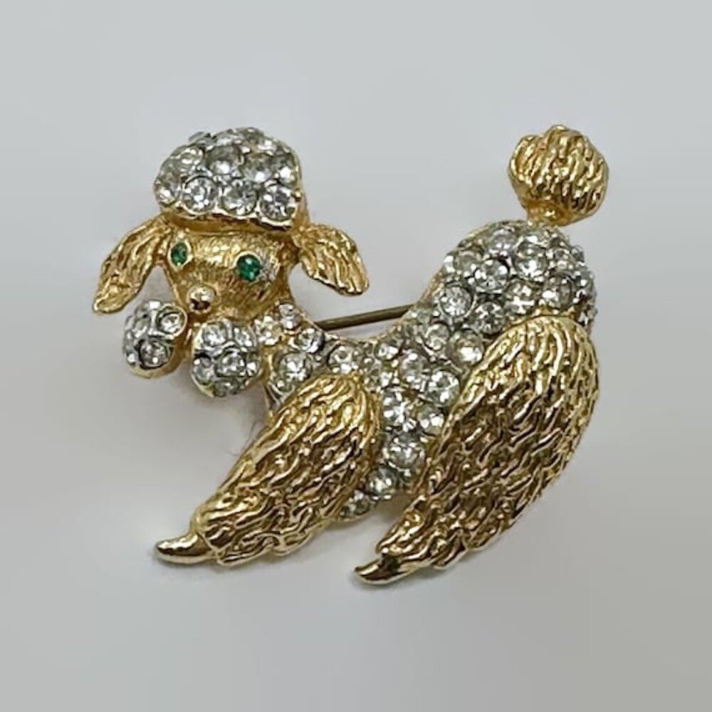 Poodle Brooch, KJL, Kenneth Lane, Gold, Rhinestones, 90s, Designer, Figural, Dog - Picture 1 of 4